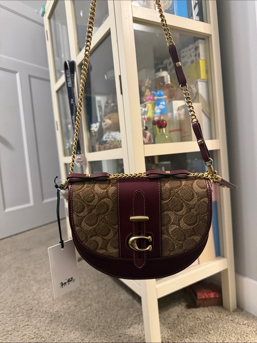 Coach Saddle Bag in Brown Canvas with Burgundy Leather & Gold Hardware - Picture 2 of 6
